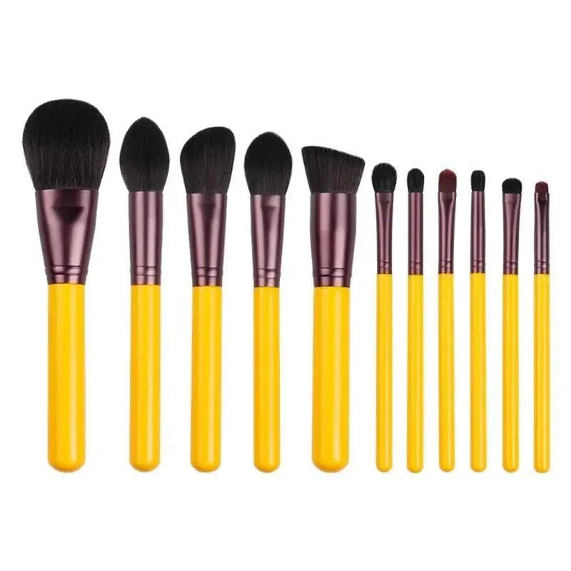 11-Piece Makeup Brush Set with Wooden Handles & Travel Bag