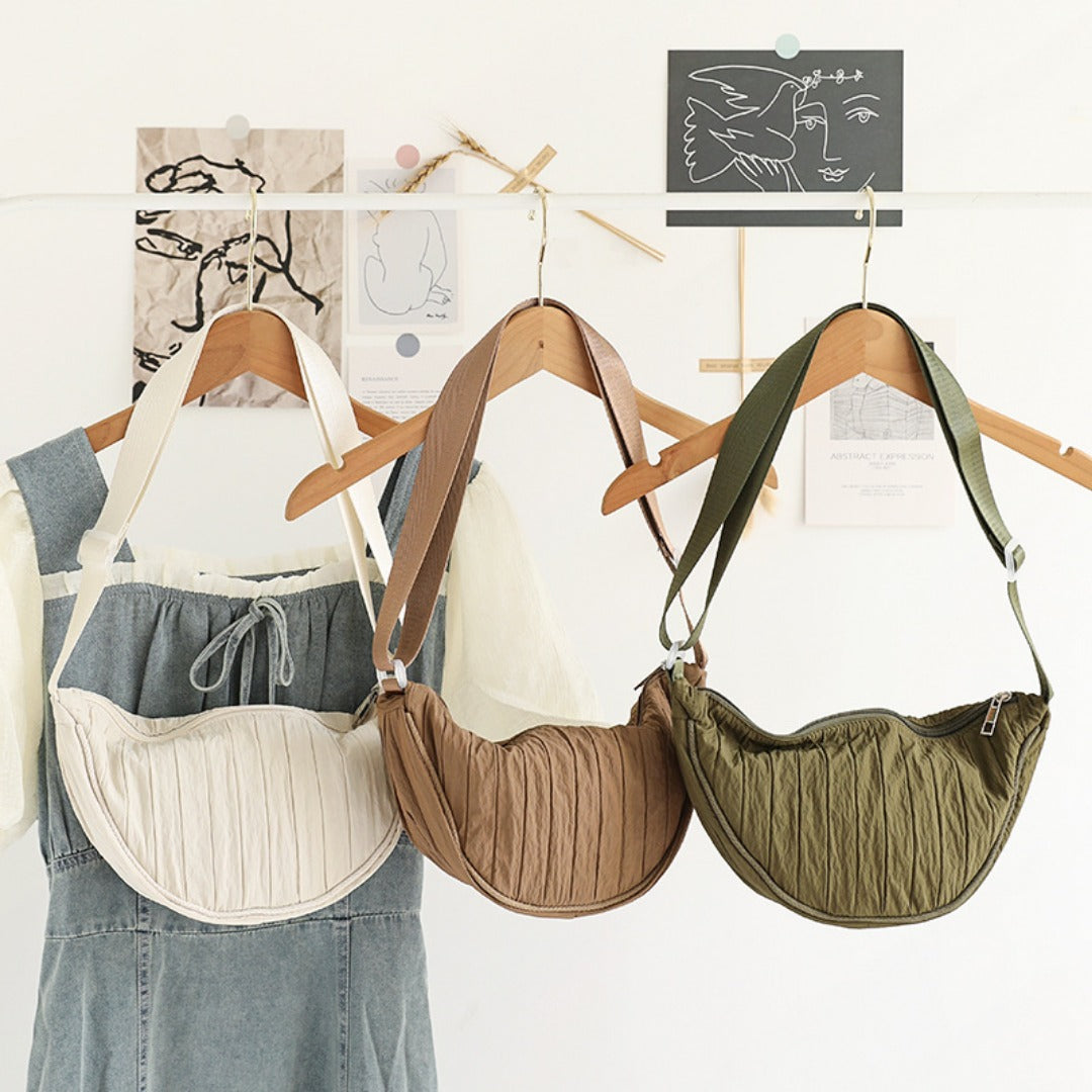 Pleated Striped Nylon Hobo Shoulder Bag