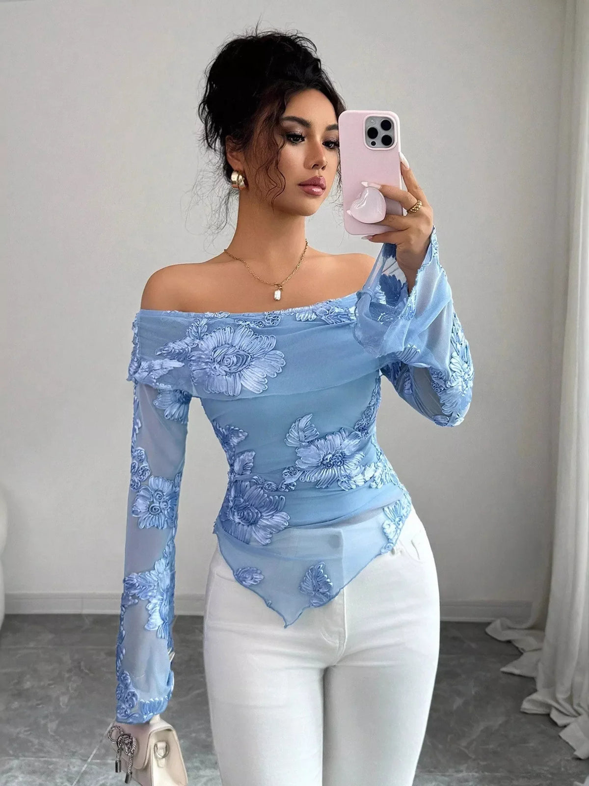 Floral Off-Shoulder Mesh Blouse