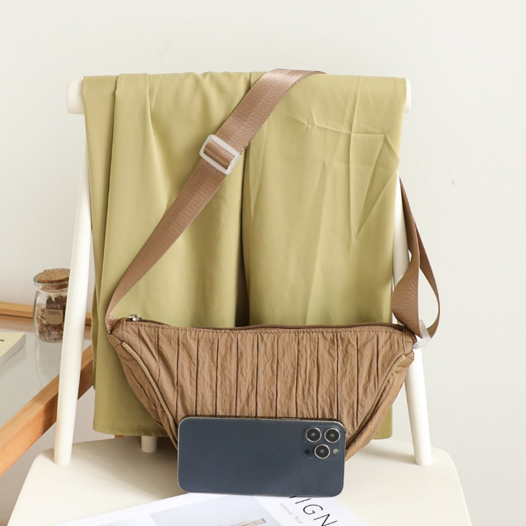 Pleated Striped Nylon Hobo Shoulder Bag