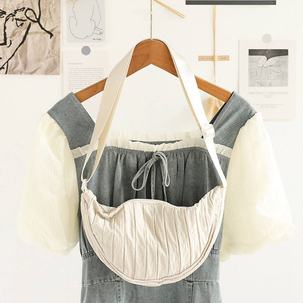 Pleated Striped Nylon Hobo Shoulder Bag