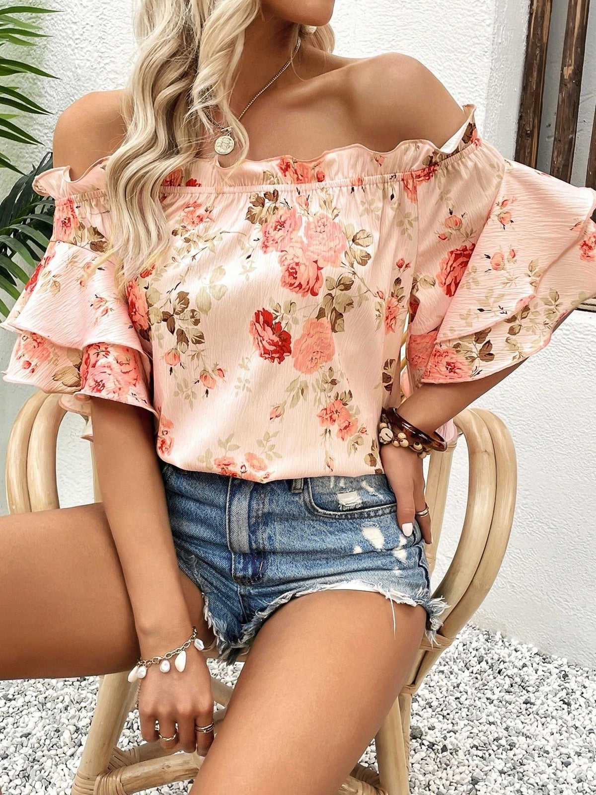 Floral Ruffle Off-Shoulder Blouse