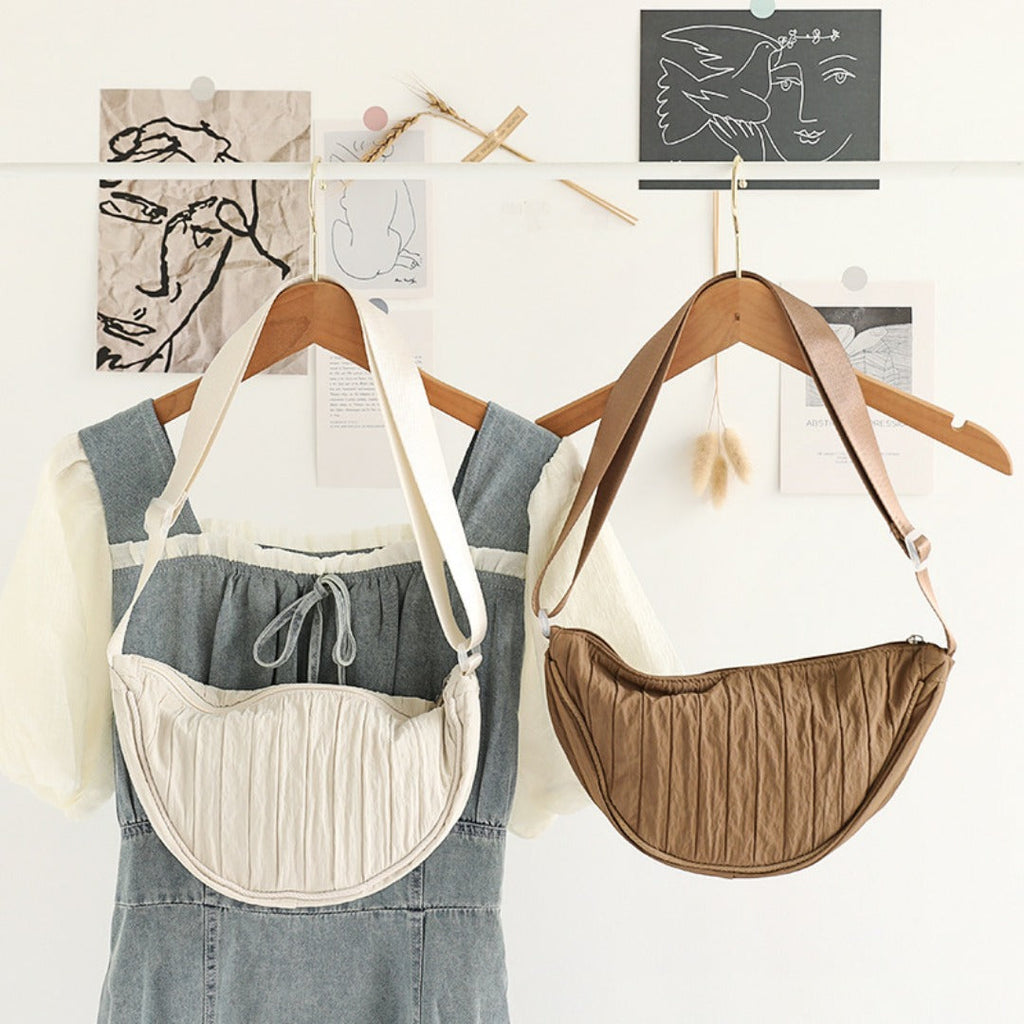 Pleated Striped Nylon Hobo Shoulder Bag