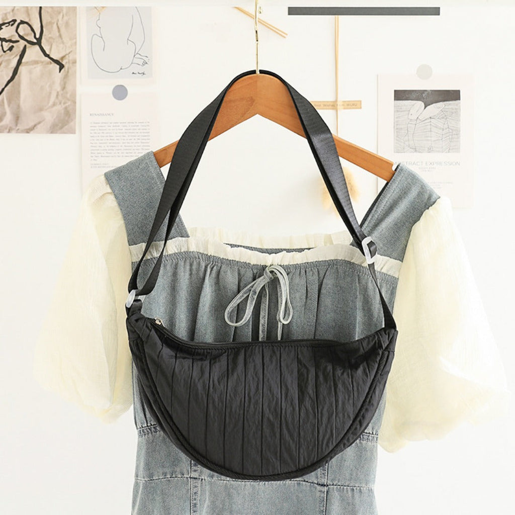 Pleated Striped Nylon Hobo Shoulder Bag