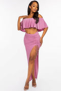 Off-Shoulder Ruffle Crop Top & Ruched Maxi Skirt Set