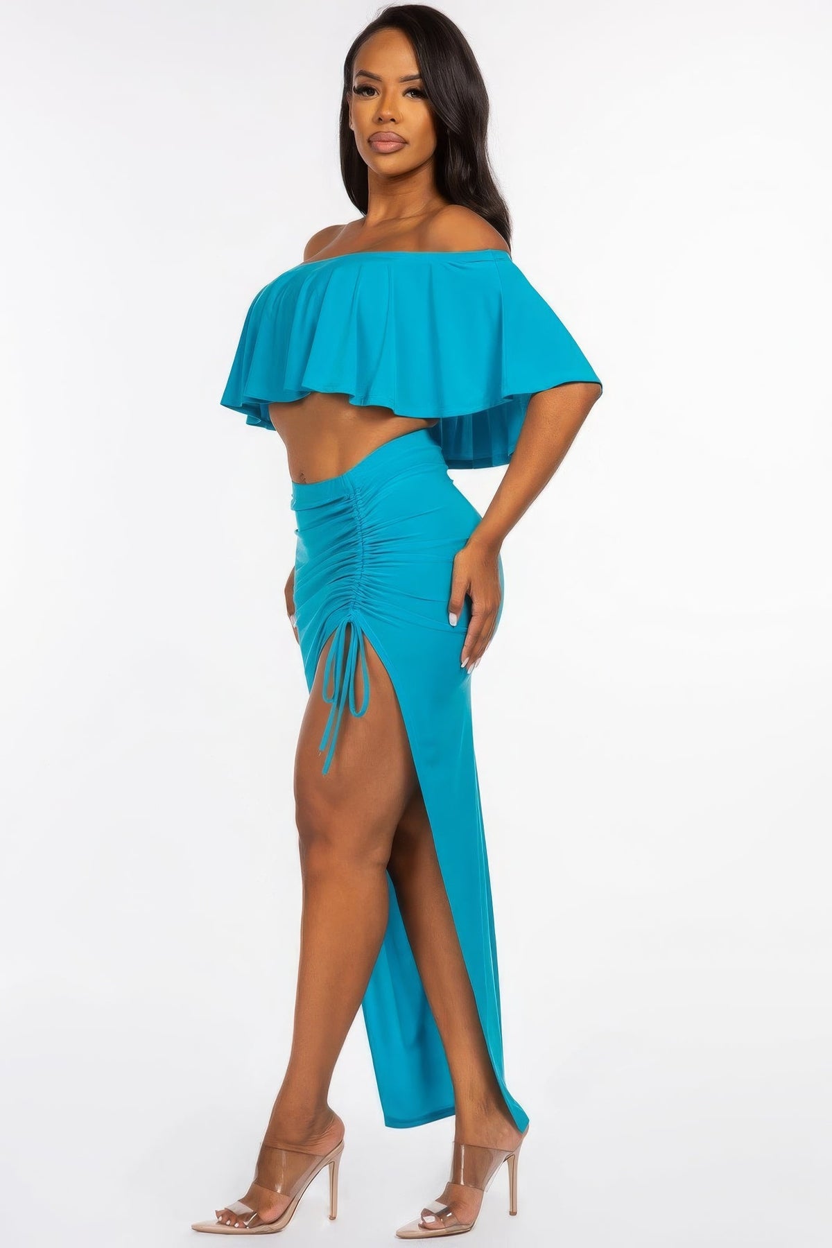 Off-Shoulder Ruffle Crop Top & Ruched Maxi Skirt Set