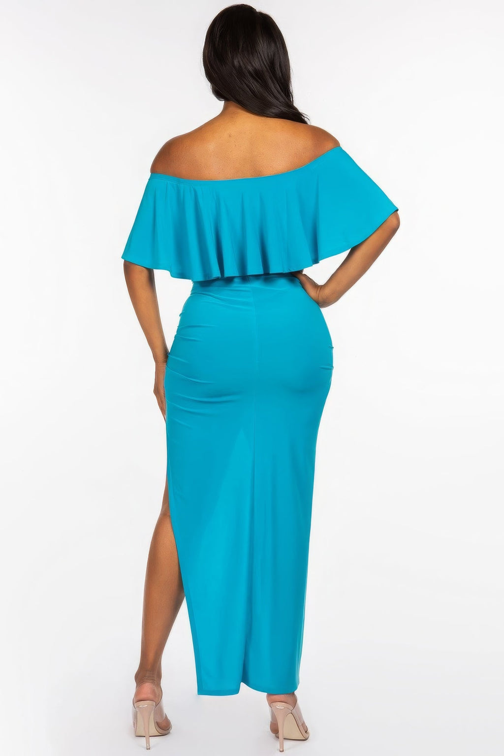 Off-Shoulder Ruffle Crop Top & Ruched Maxi Skirt Set