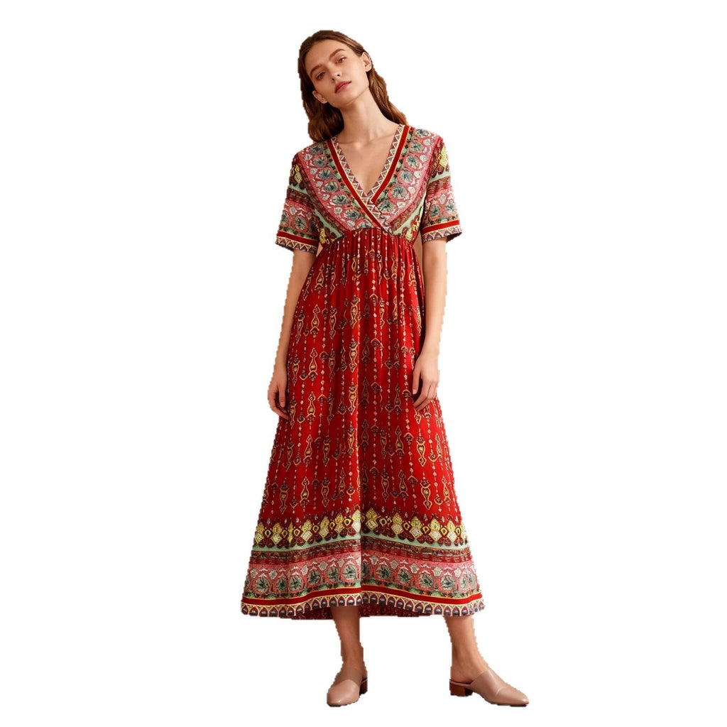 Bohemian Print Short-Sleeve Maxi Dress