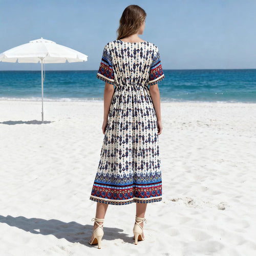 Bohemian Print Short-Sleeve Maxi Dress
