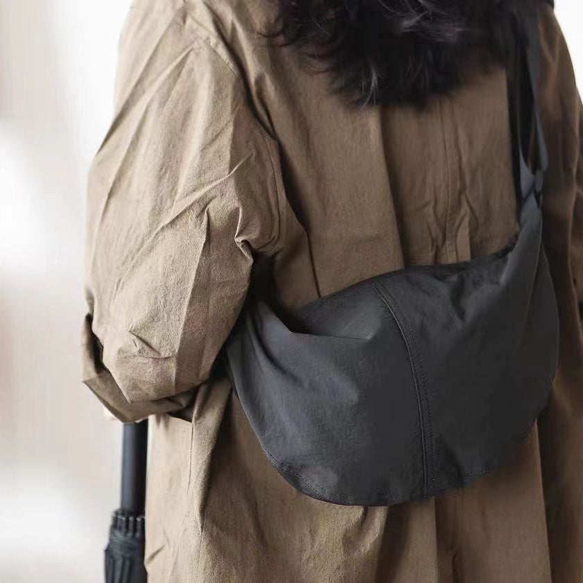 Wide-Strap Nylon Crossbody Moon Bag