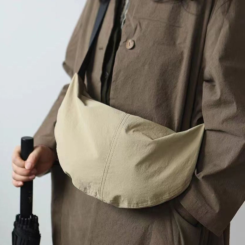 Wide-Strap Nylon Crossbody Moon Bag
