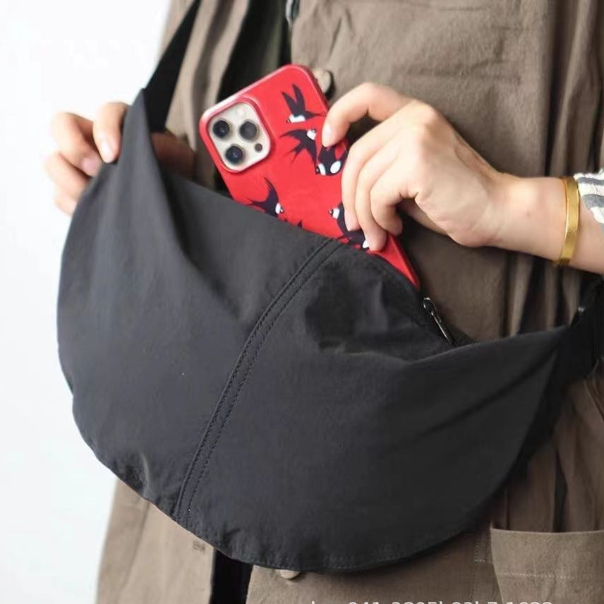 Wide-Strap Nylon Crossbody Moon Bag