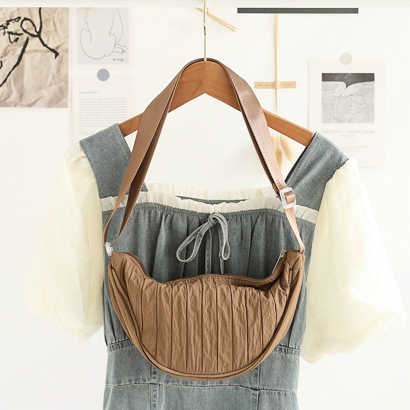 Pleated Striped Nylon Hobo Shoulder Bag