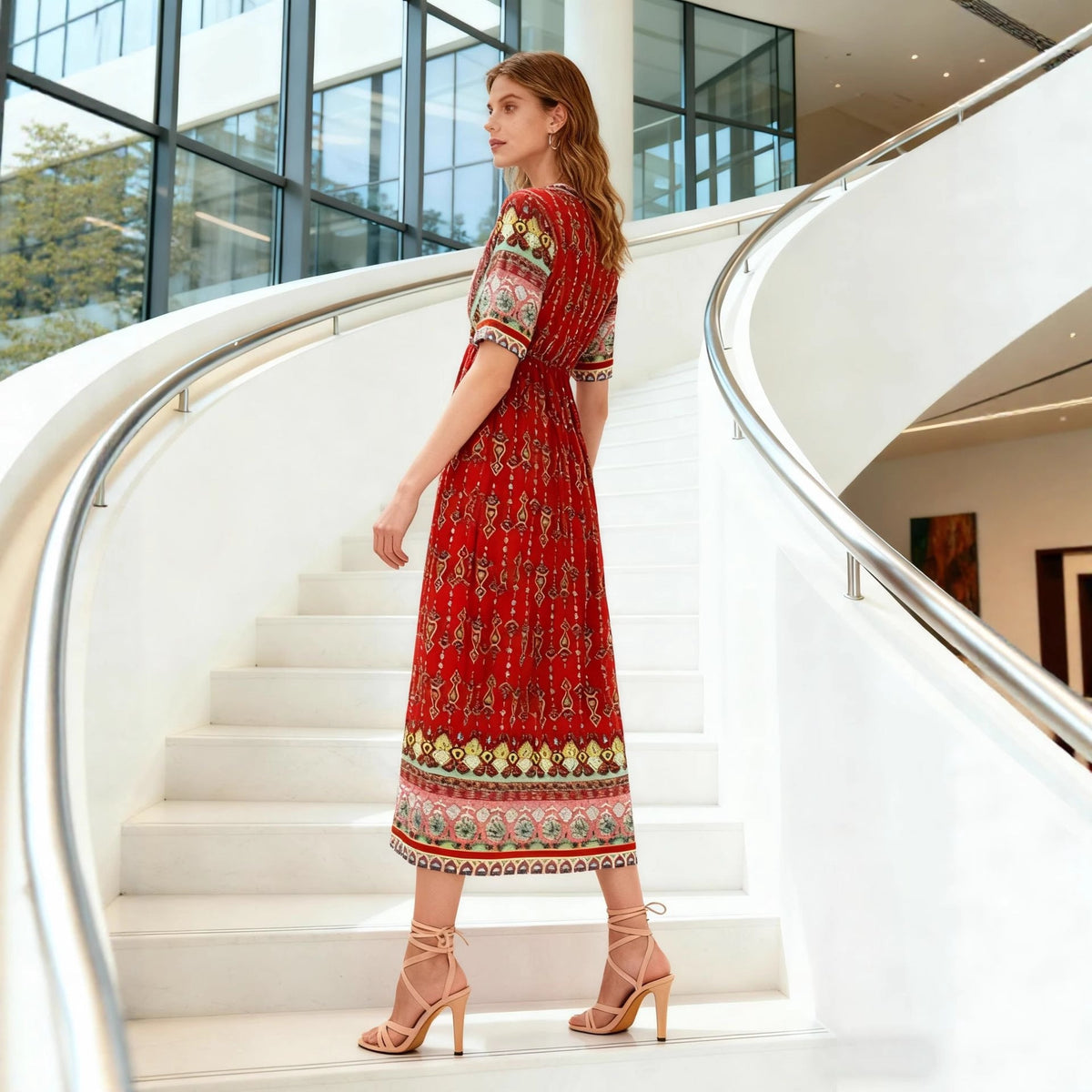 Bohemian Print Short-Sleeve Maxi Dress