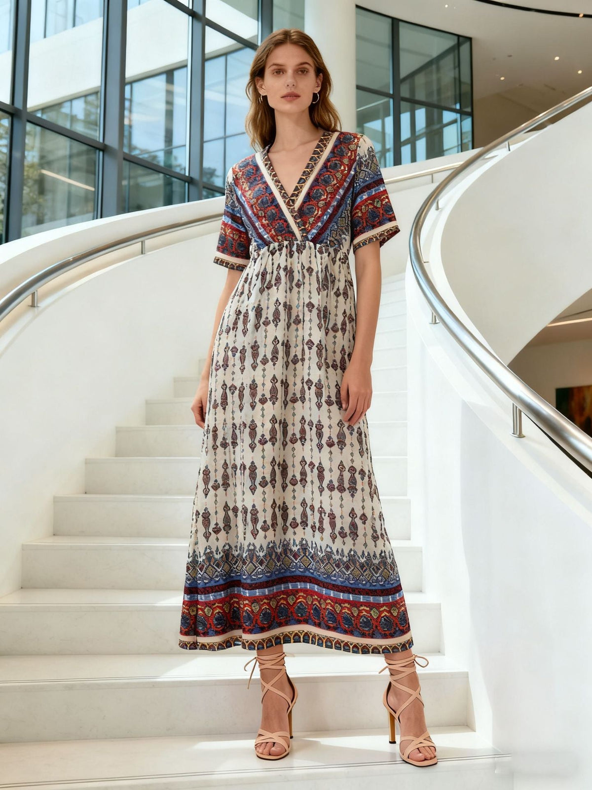Bohemian Print Short-Sleeve Maxi Dress