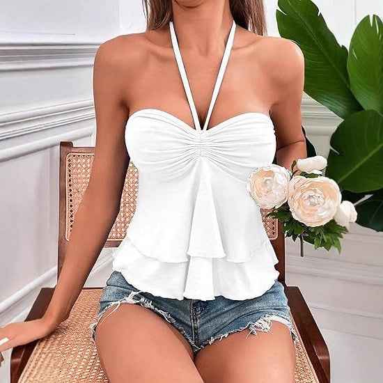Lace-Up Off-Shoulder Halter Tube Top – Ruffle Edge