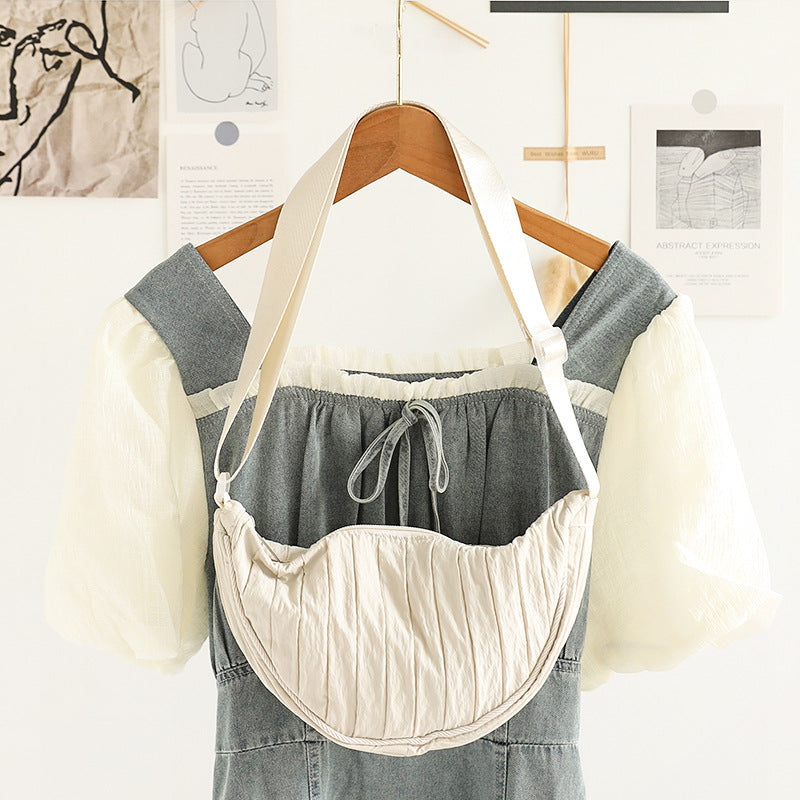 Pleated Striped Nylon Hobo Shoulder Bag