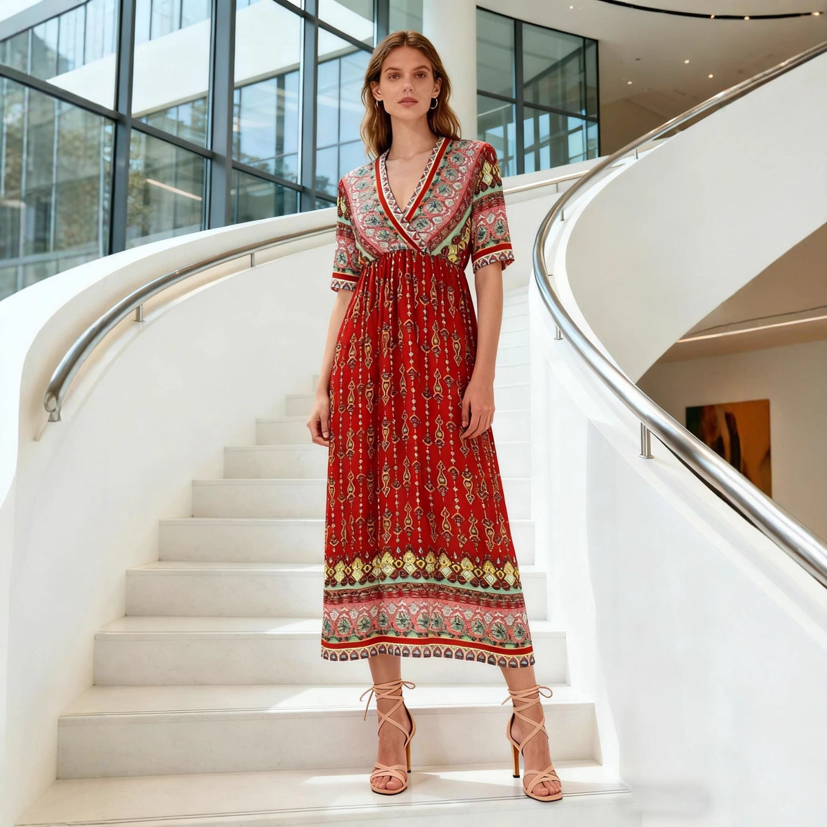 Bohemian Print Short-Sleeve Maxi Dress