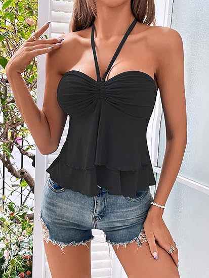 Lace-Up Off-Shoulder Halter Tube Top – Ruffle Edge