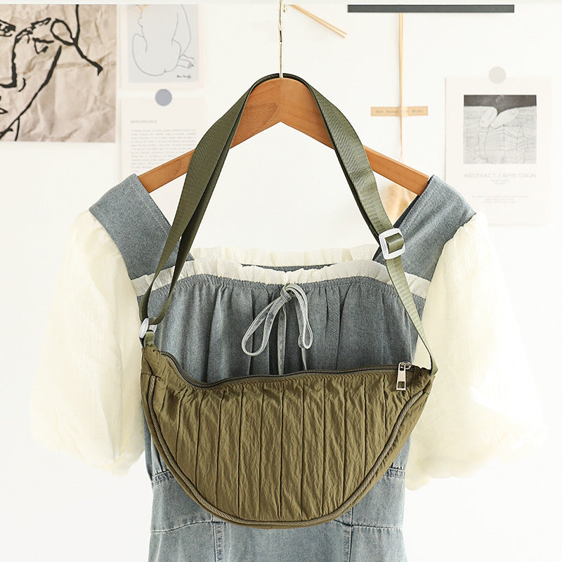 Pleated Striped Nylon Hobo Shoulder Bag