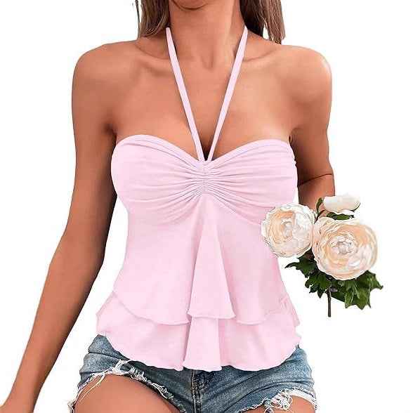 Lace-Up Off-Shoulder Halter Tube Top – Ruffle Edge