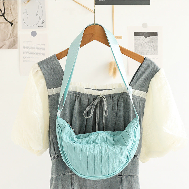 Pleated Striped Nylon Hobo Shoulder Bag