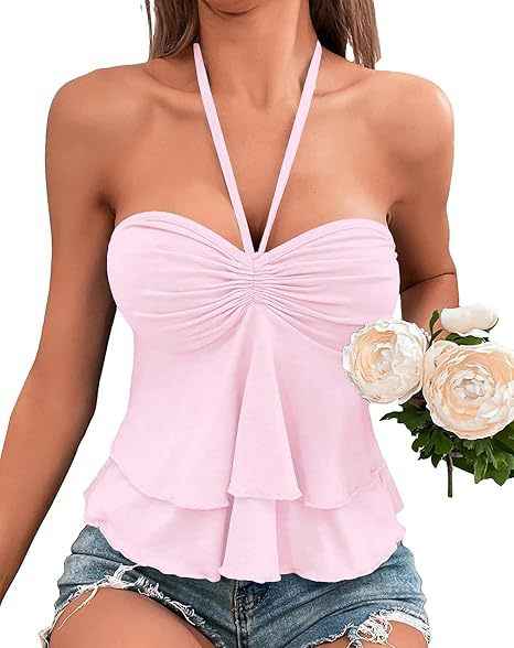 Lace-Up Off-Shoulder Halter Tube Top – Ruffle Edge