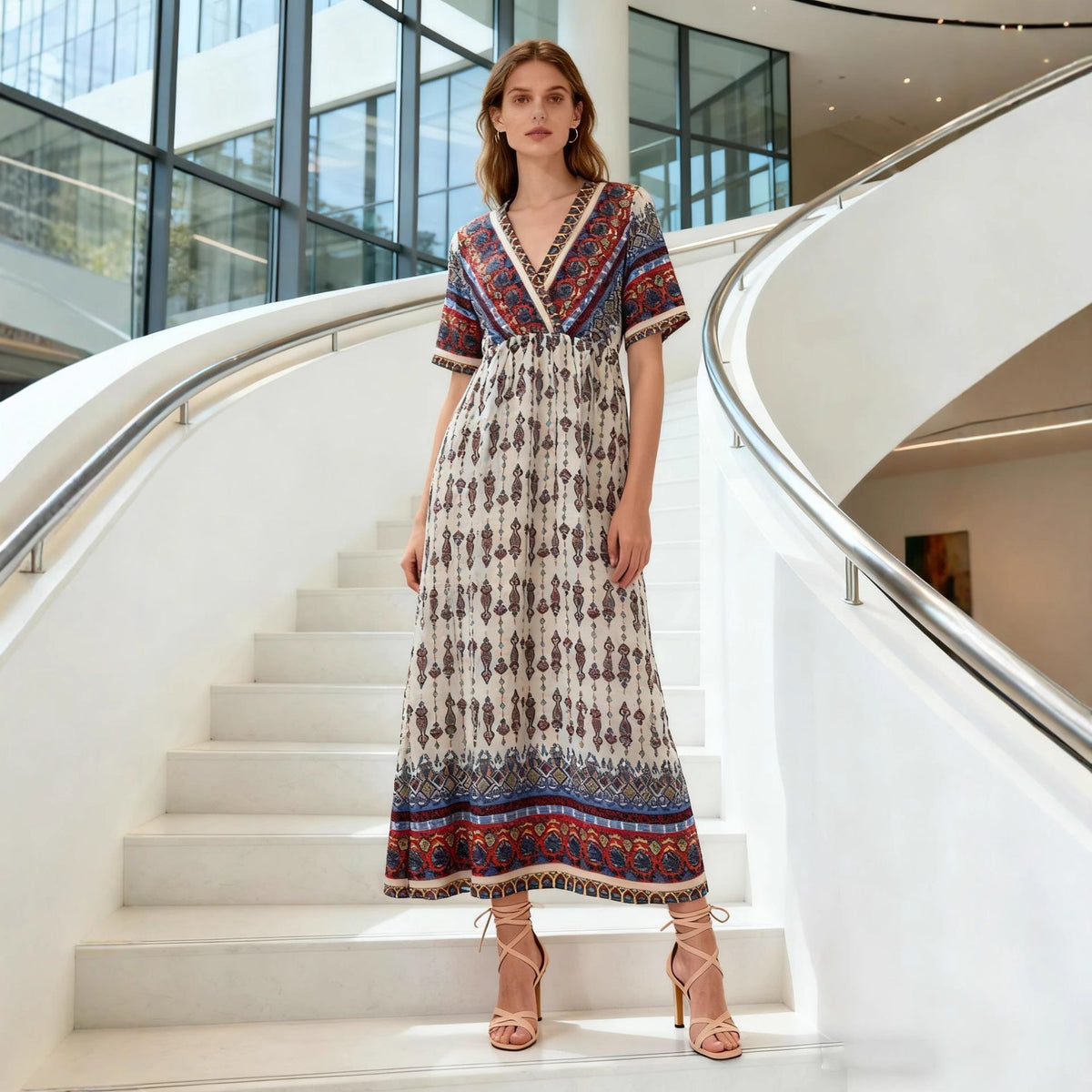 Bohemian Print Short-Sleeve Maxi Dress