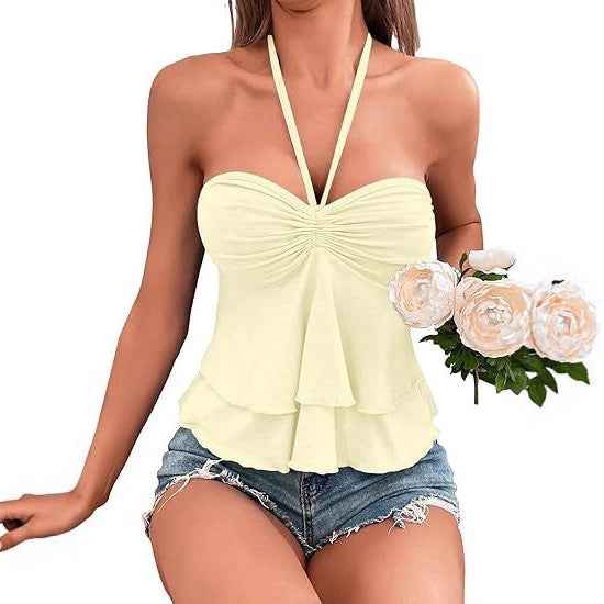 Lace-Up Off-Shoulder Halter Tube Top – Ruffle Edge