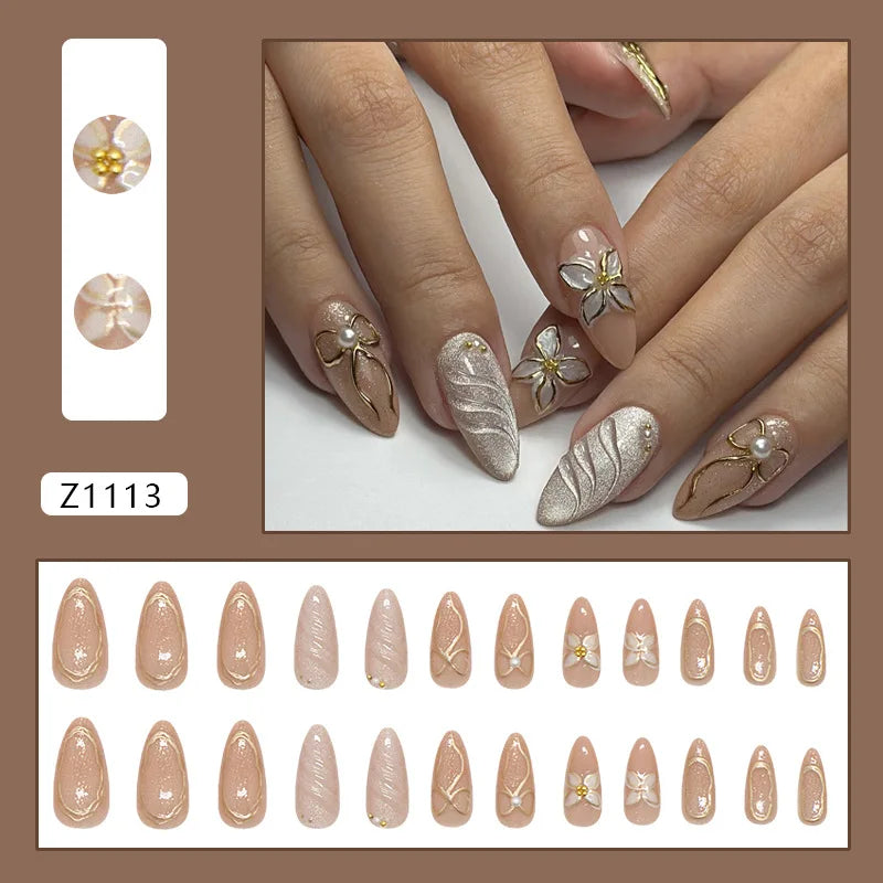Floral Press-On Nails – Wine Red Almond, 24 Pcs