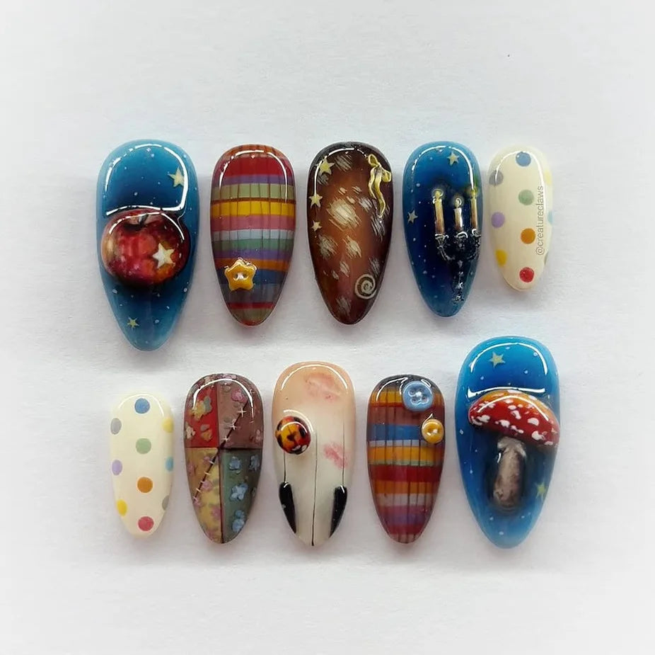 Floral Press-On Nails – Wine Red Almond, 24 Pcs