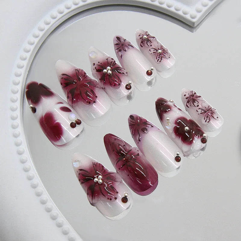 Floral Press-On Nails – Wine Red Almond, 24 Pcs