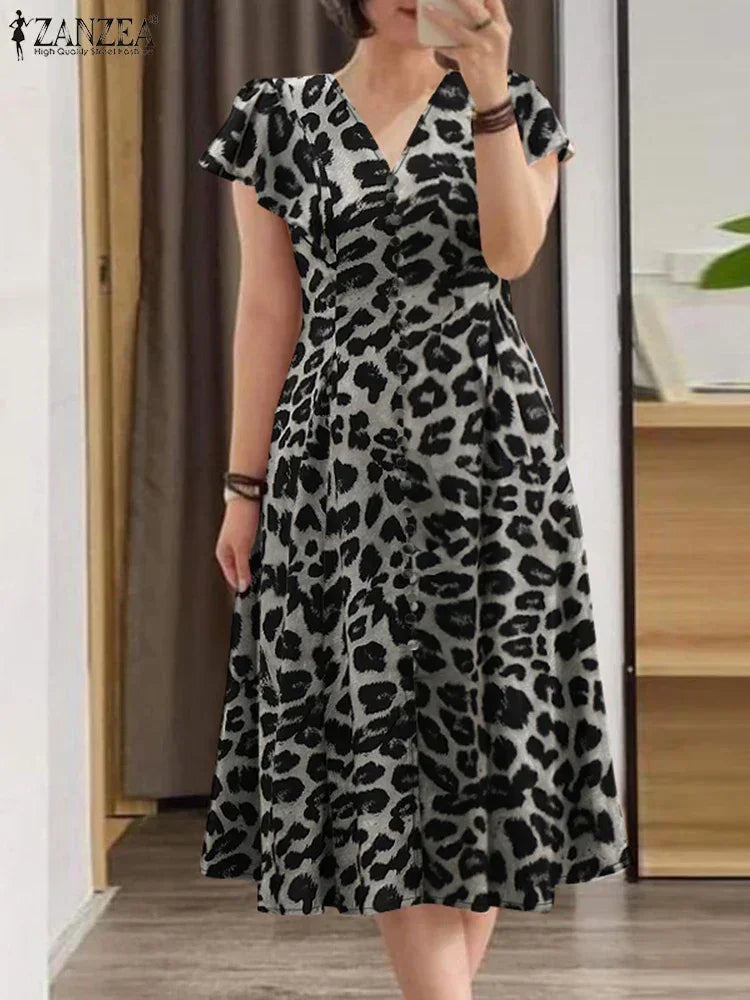 ZANZEA Printed V-Neck Midi Sundress