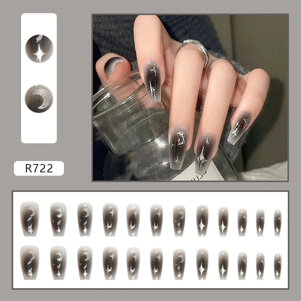 Y2K Star Press-On Nails – Black Gradient Coffin, 24 Pcs