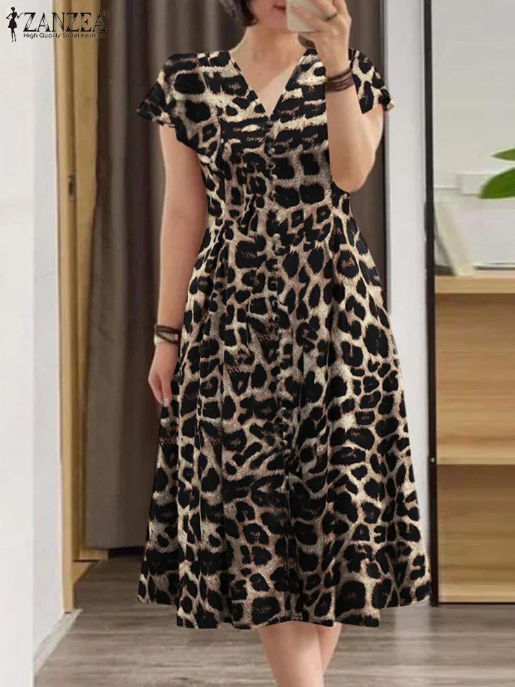 ZANZEA Printed V-Neck Midi Sundress