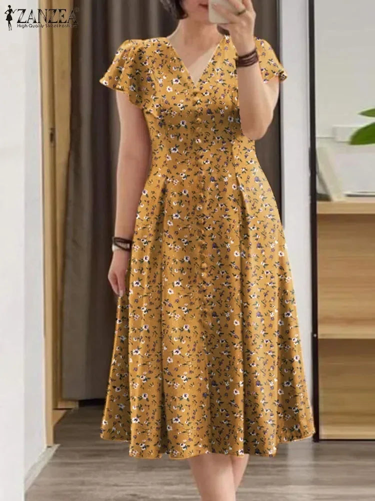 ZANZEA Printed V-Neck Midi Sundress