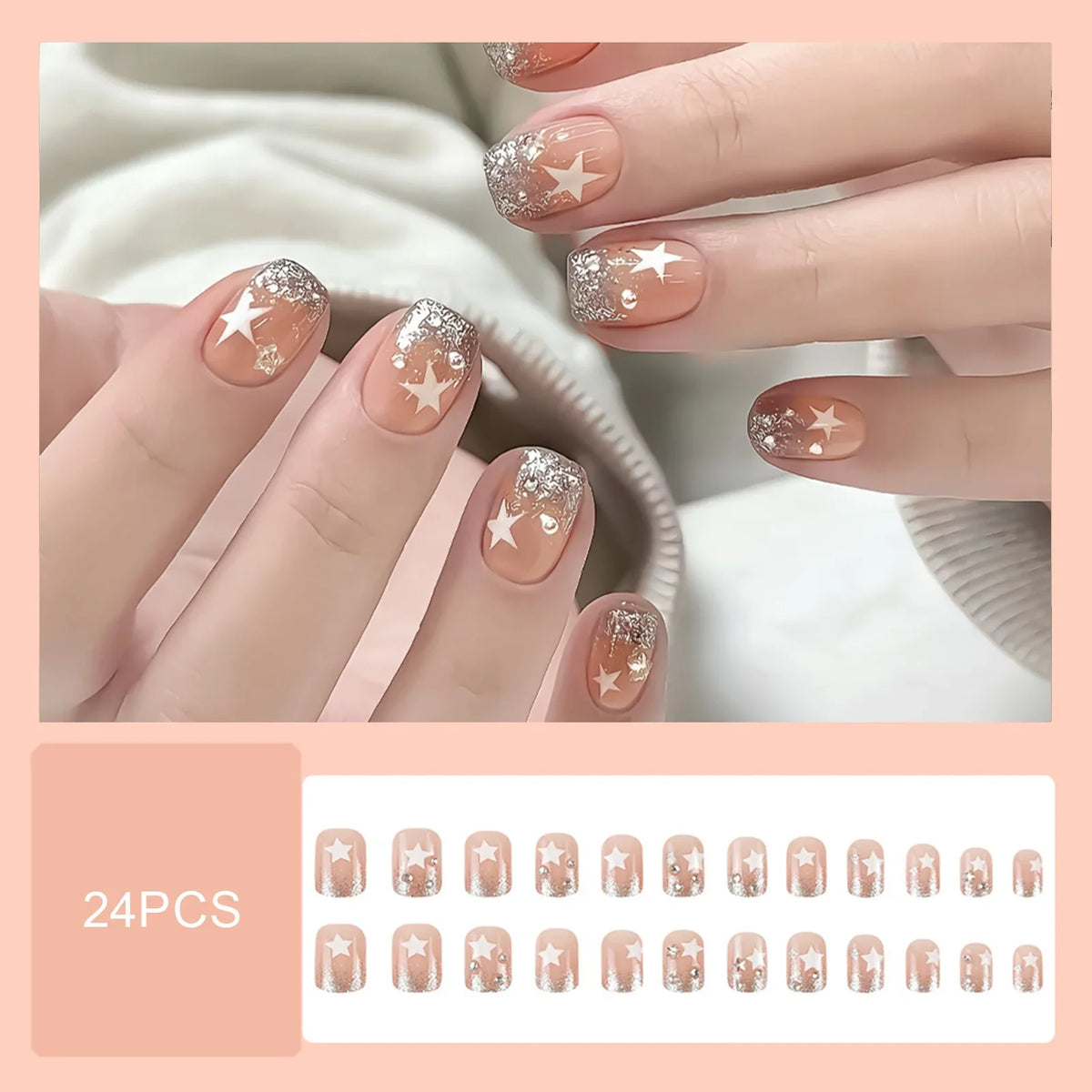 Y2K Star Press-On Nails – Black Gradient Coffin, 24 Pcs