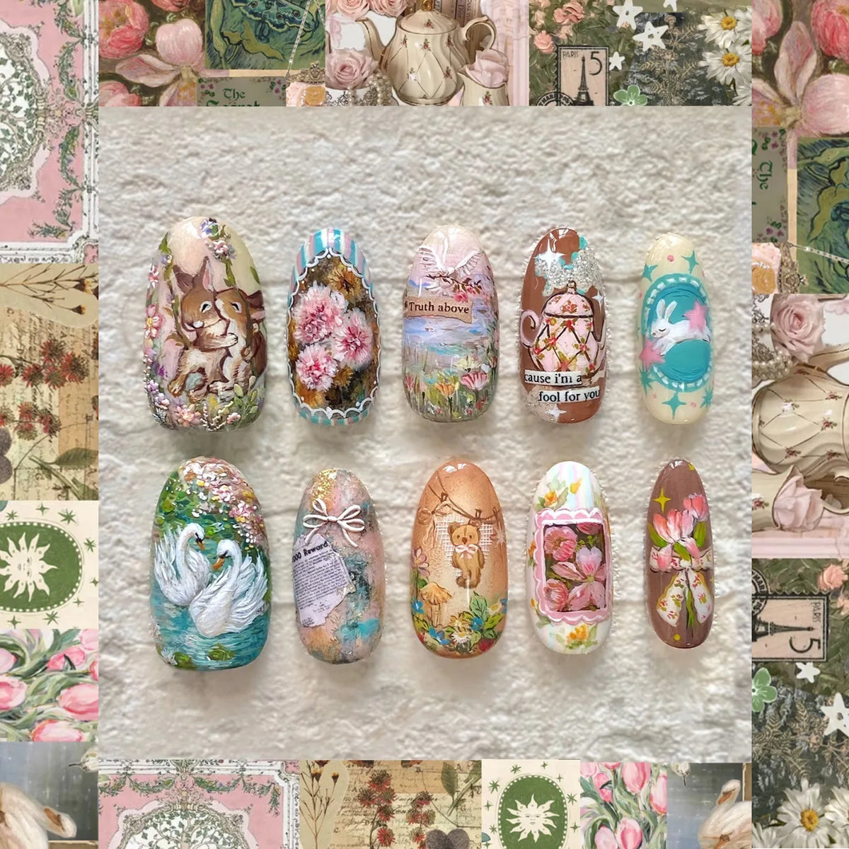 Floral Press-On Nails – Wine Red Almond, 24 Pcs