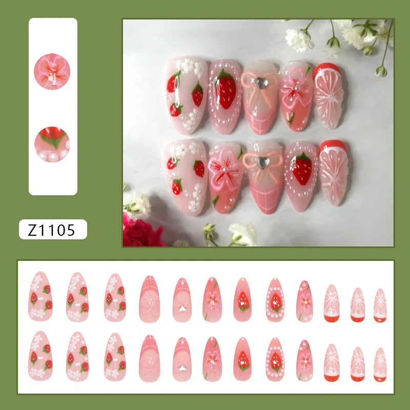 Floral Press-On Nails – Wine Red Almond, 24 Pcs