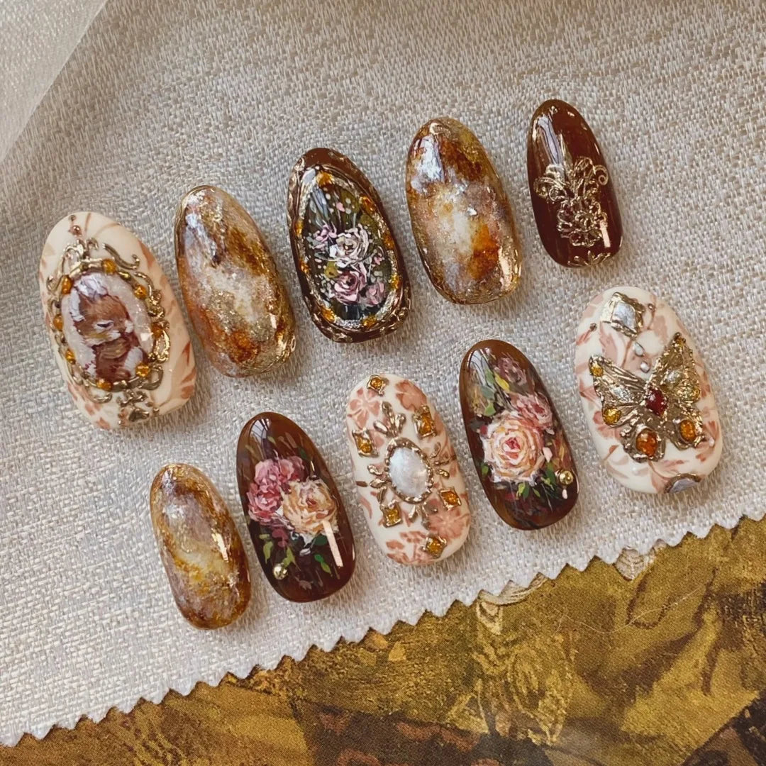 Floral Press-On Nails – Wine Red Almond, 24 Pcs