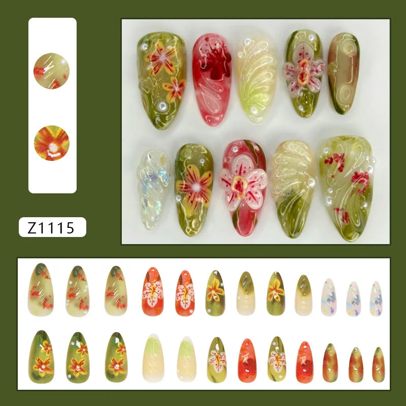 Floral Press-On Nails – Wine Red Almond, 24 Pcs
