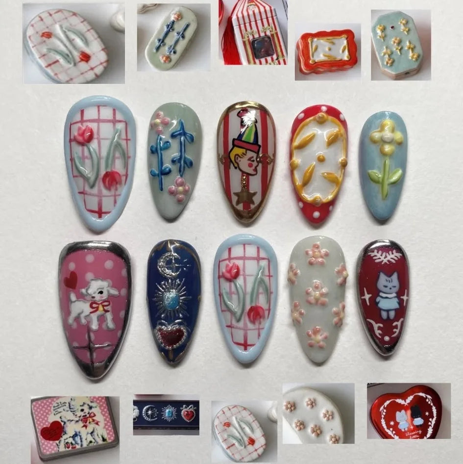 Floral Press-On Nails – Wine Red Almond, 24 Pcs