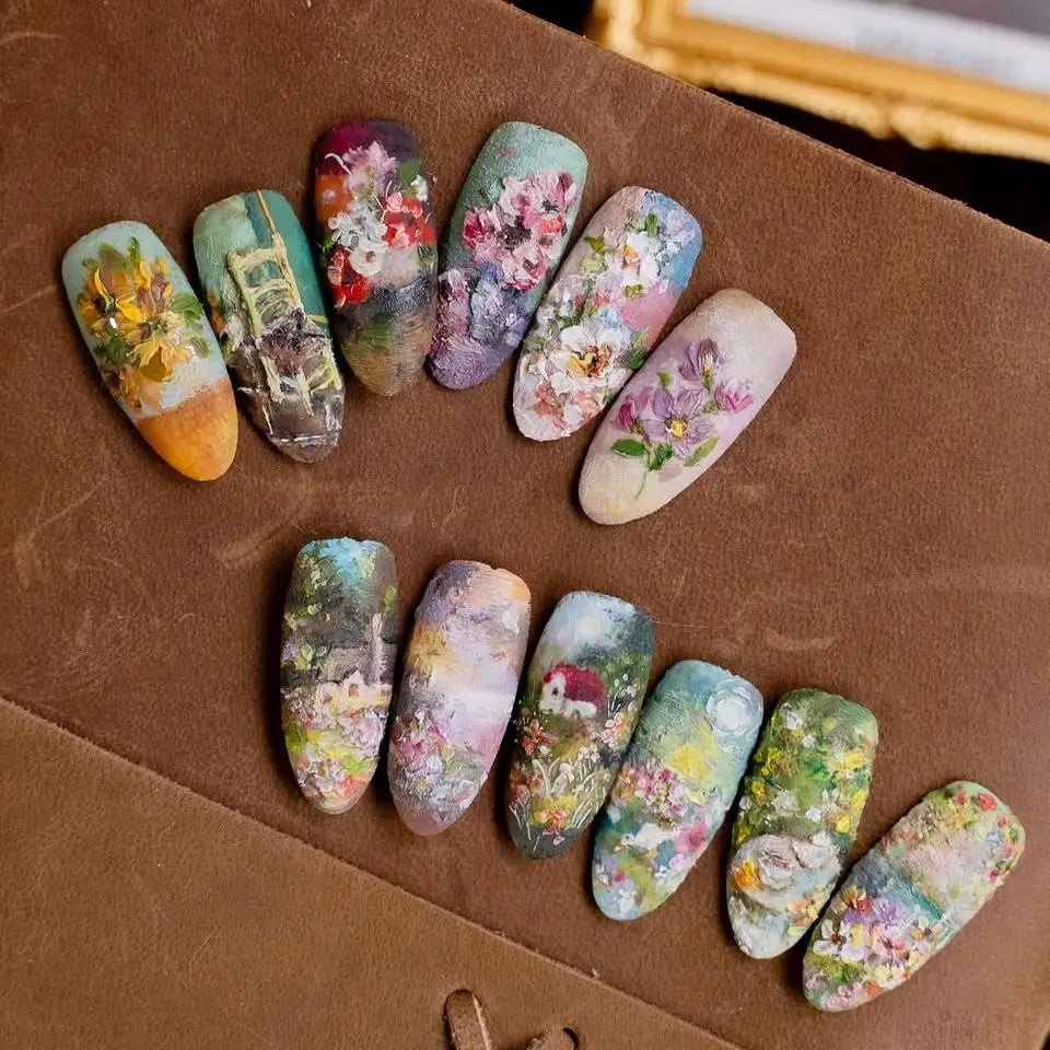 Floral Press-On Nails – Wine Red Almond, 24 Pcs