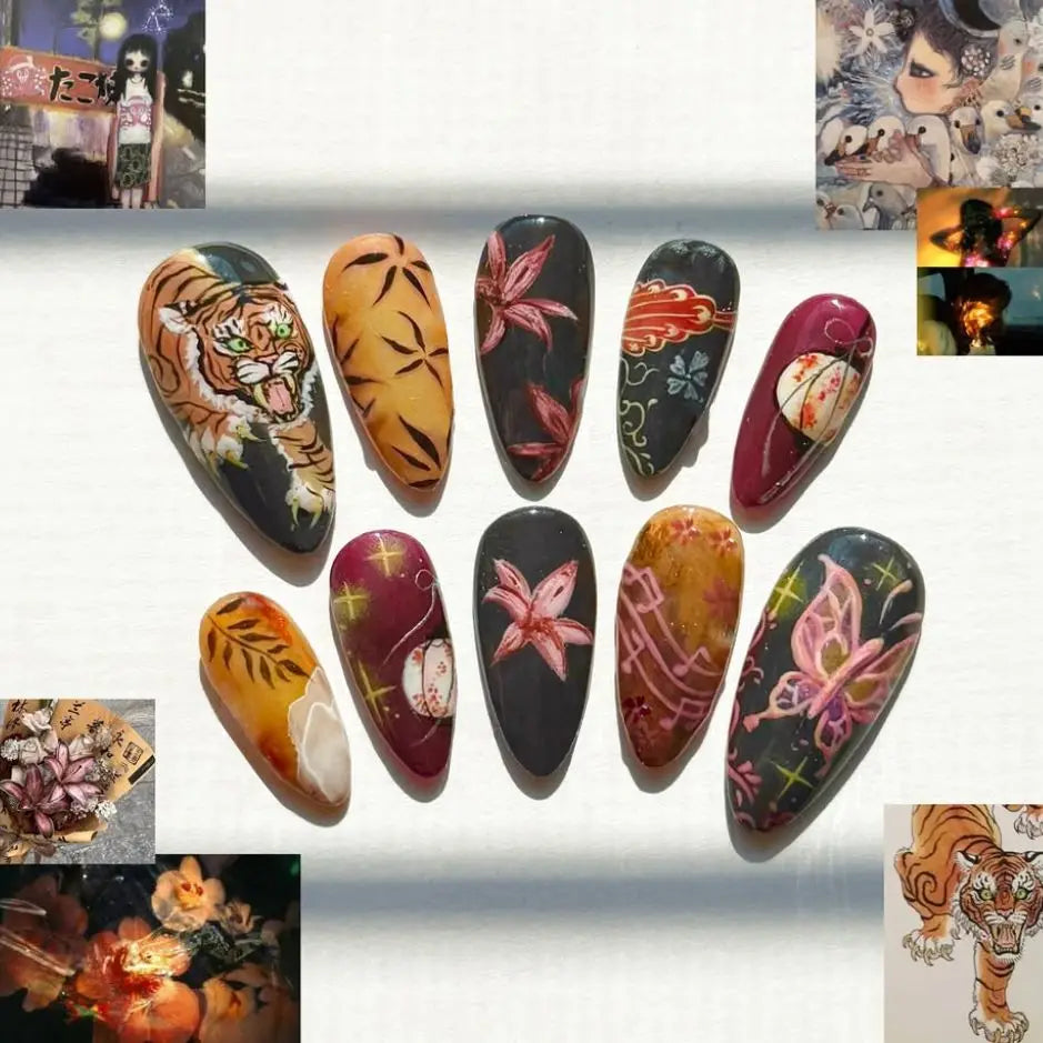 Floral Press-On Nails – Wine Red Almond, 24 Pcs