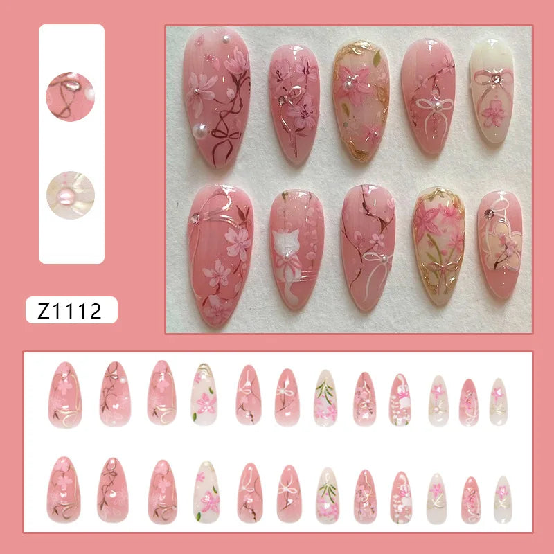 Floral Press-On Nails – Wine Red Almond, 24 Pcs