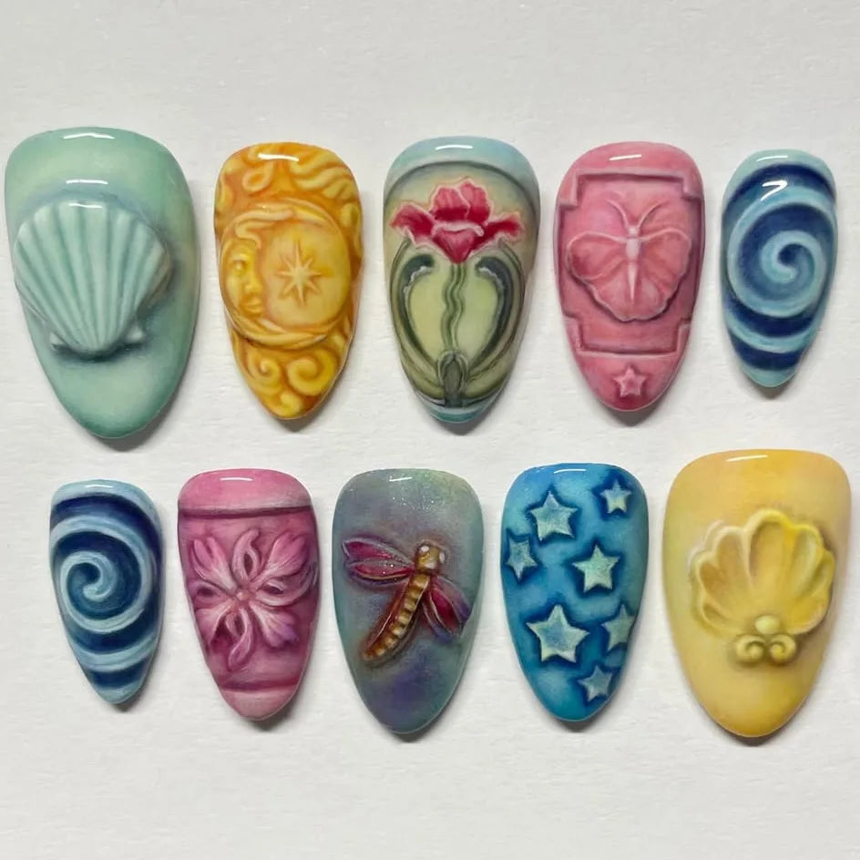 Floral Press-On Nails – Wine Red Almond, 24 Pcs