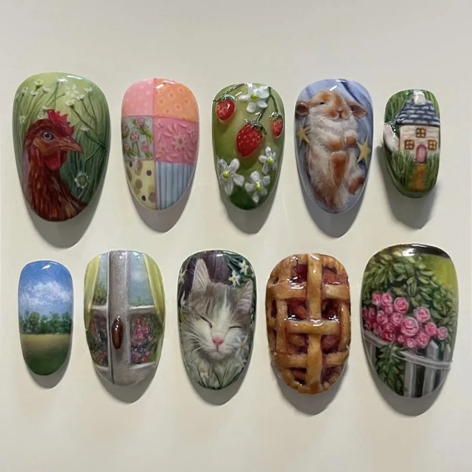 Floral Press-On Nails – Wine Red Almond, 24 Pcs