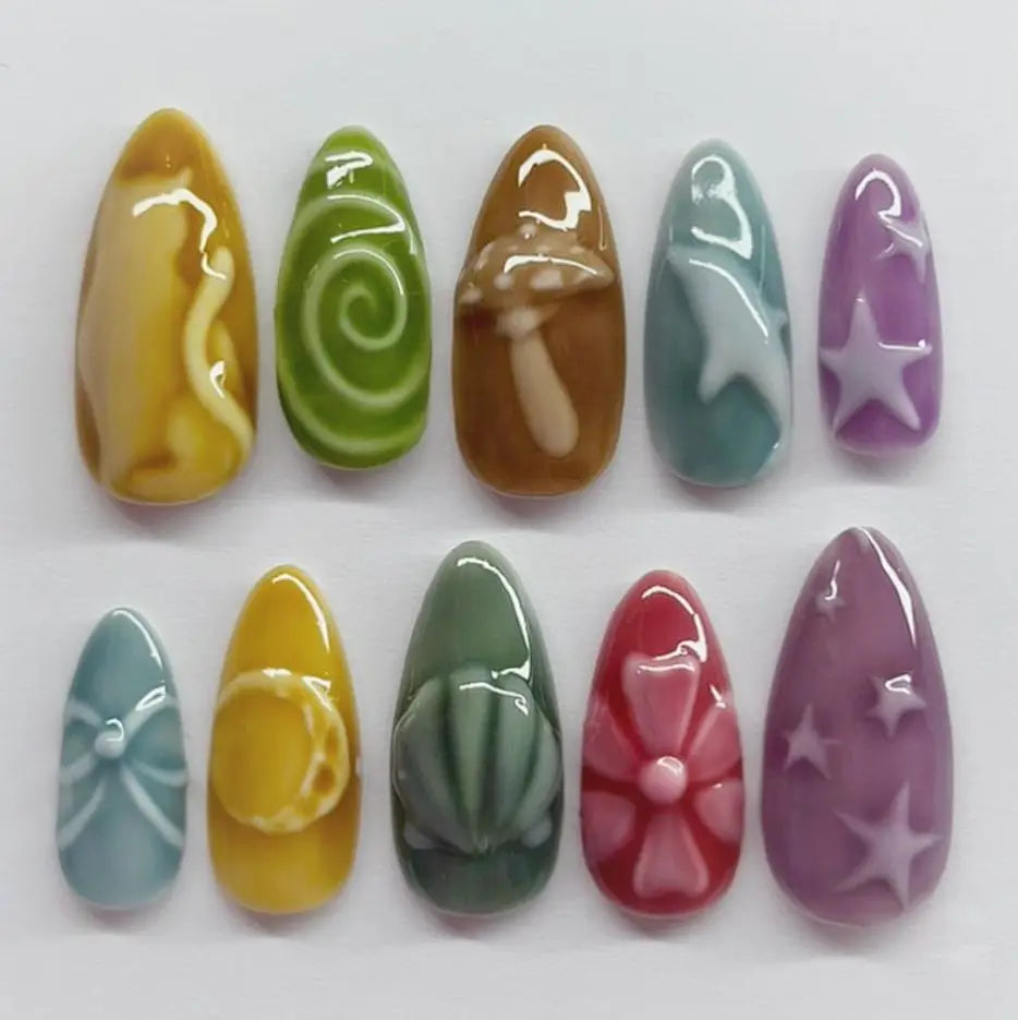 Floral Press-On Nails – Wine Red Almond, 24 Pcs