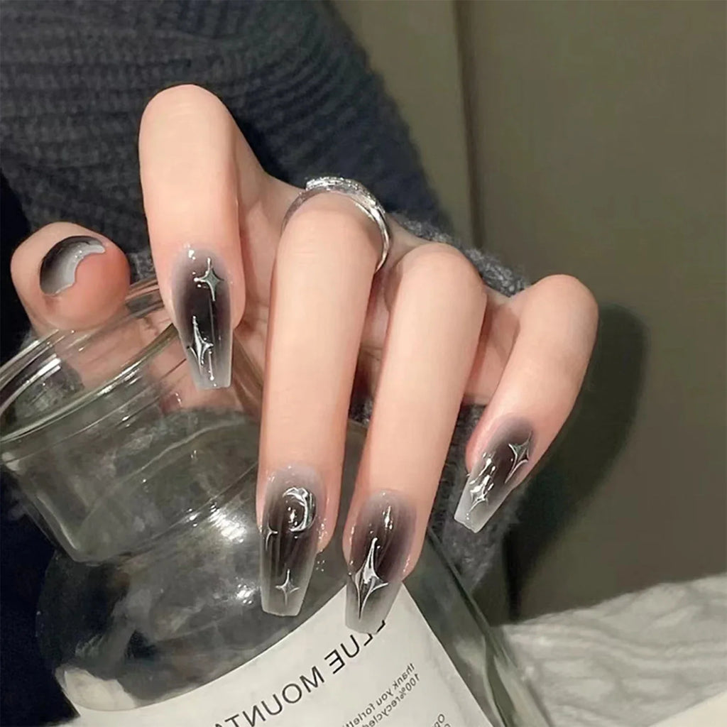 Y2K Star Press-On Nails – Black Gradient Coffin, 24 Pcs