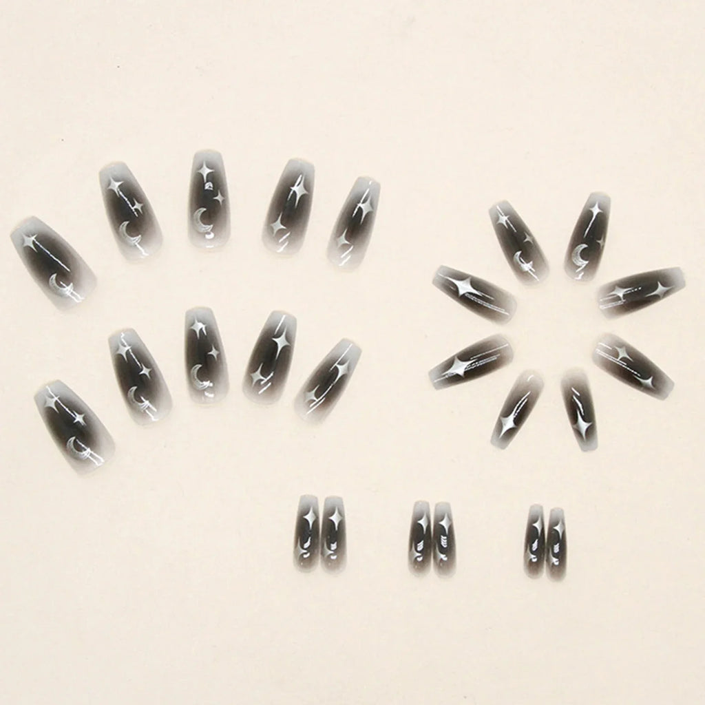 Y2K Star Press-On Nails – Black Gradient Coffin, 24 Pcs
